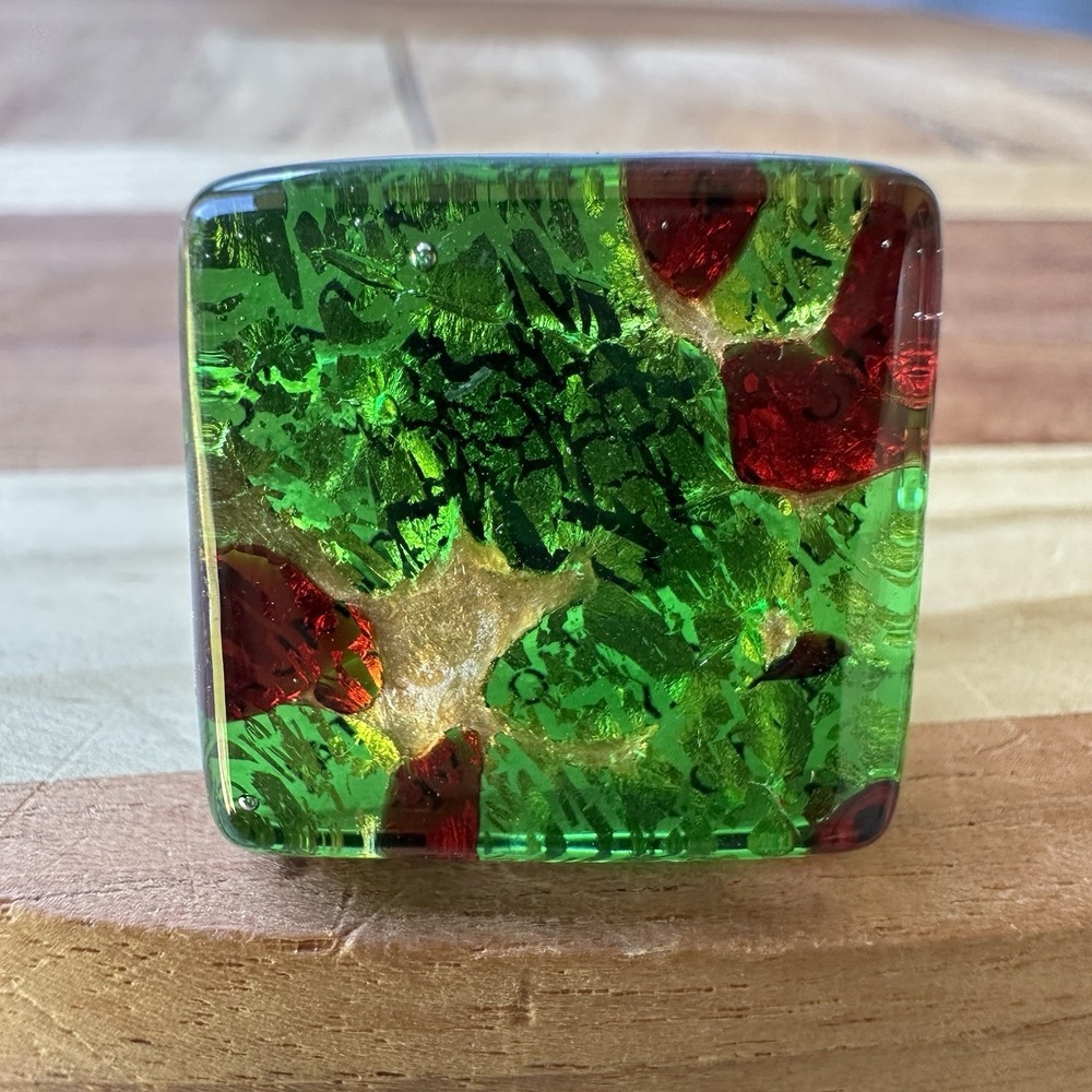 Italian Vetro Di Murano Art Glass Accent Ring Size 8 Adjustable Green Red Signed